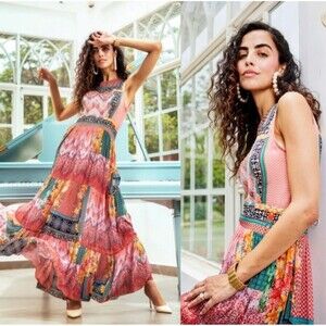 Anthropologie Alessandra Maxi Dress Bhanuni Jyoti Sz 4 Small Boho Beaded Patch